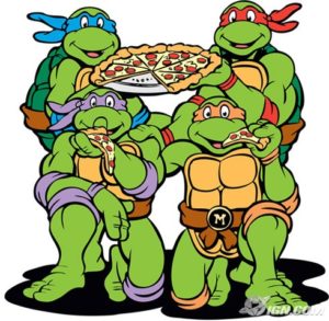 A picture of Teenage Mutant Ninja Turtles with pizza.