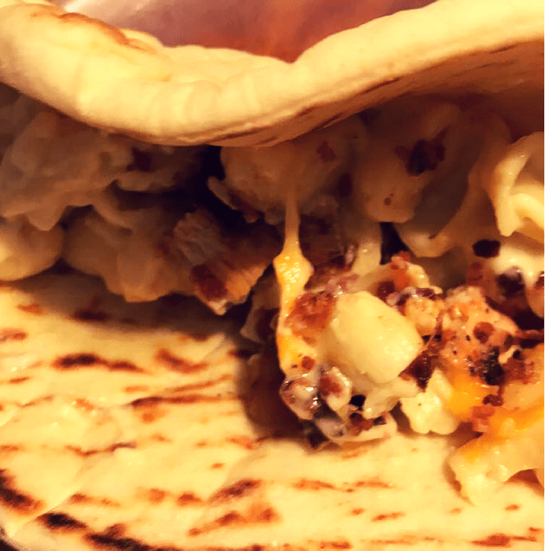 Showmars Chicken Mac & Cheese with bacon on a pita