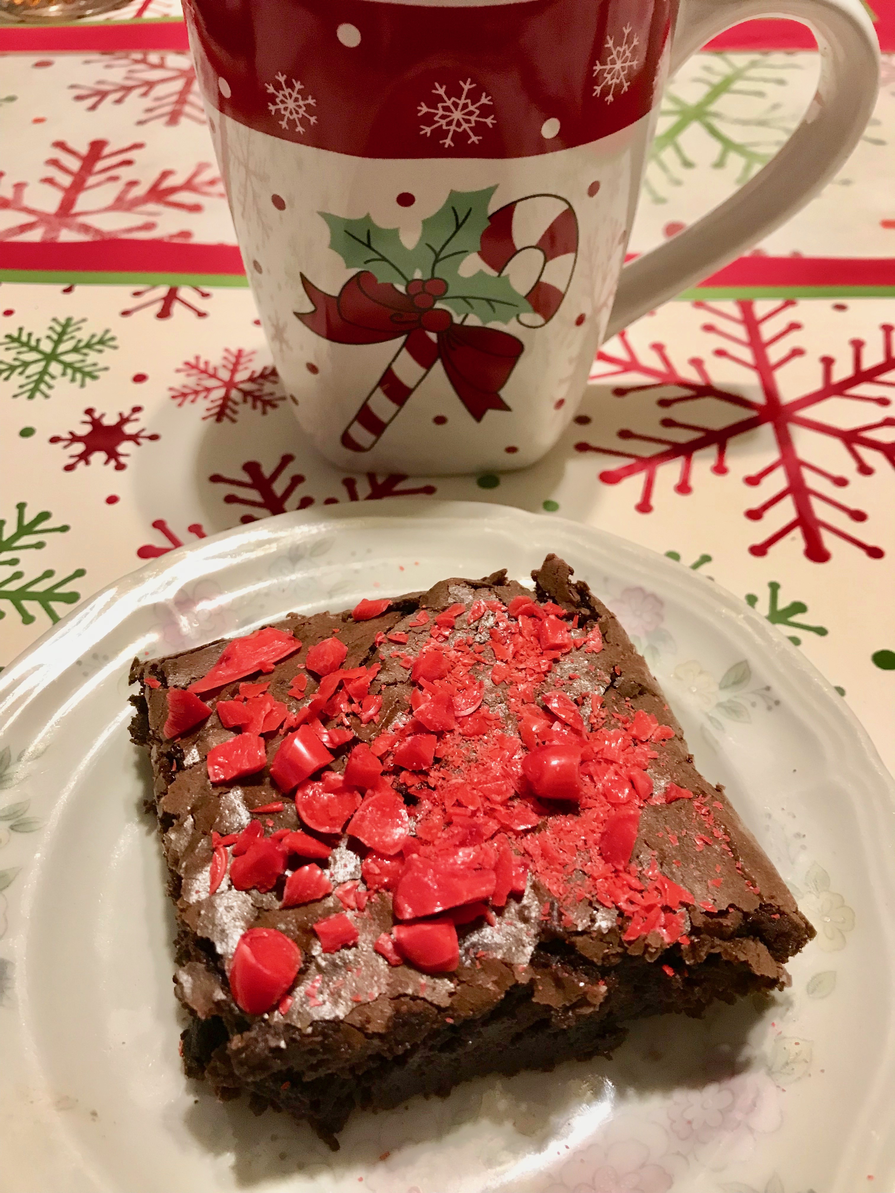 Brownie topped with Swedish Fish candy cane