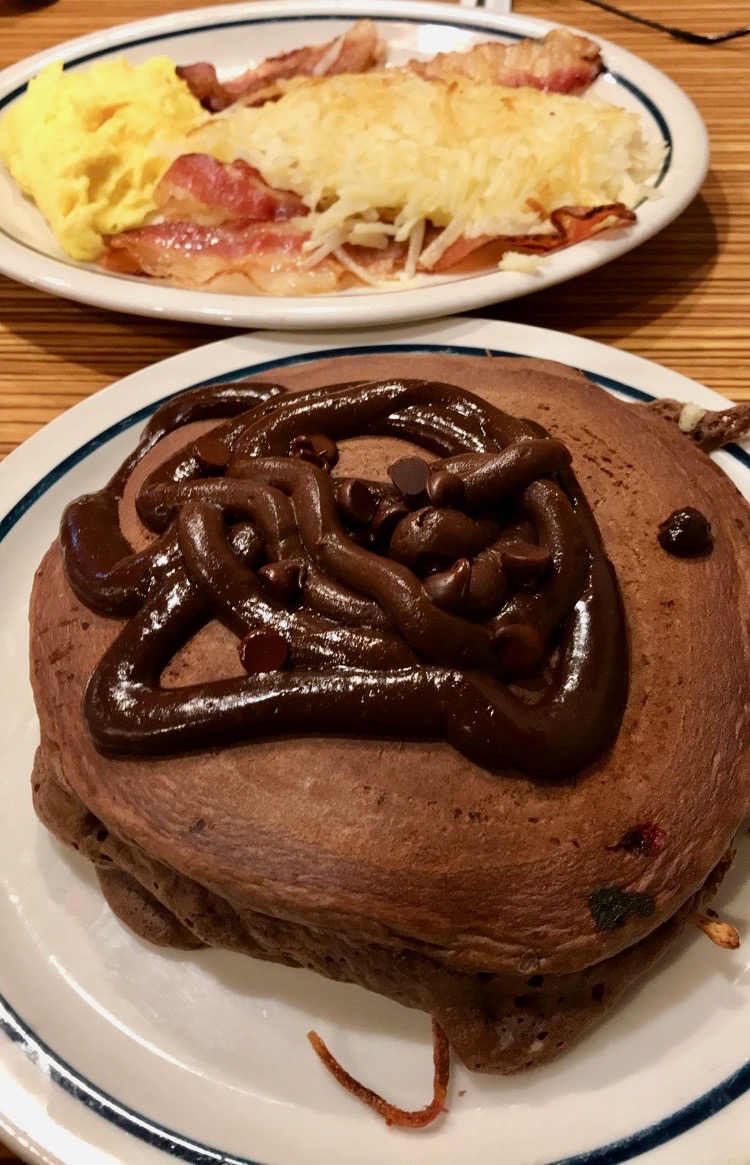 Belgian Chocolate Mousse pancakes and eggs and bacon