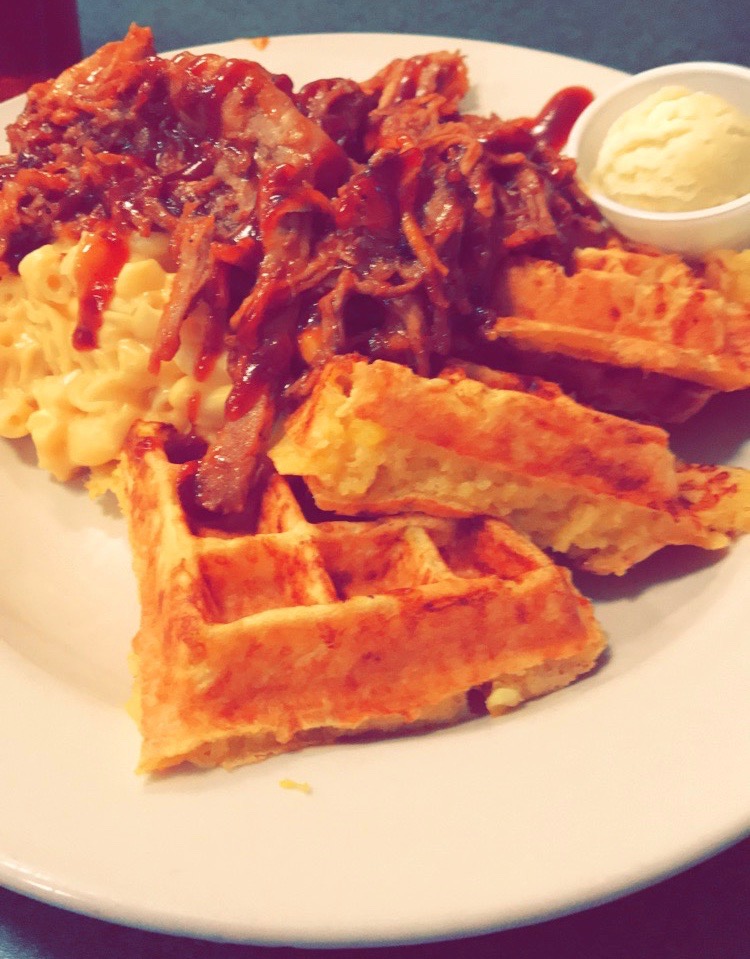 Pulled Pork, Mac & Cheese, and Cheddar Waffles